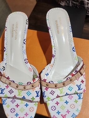 White Multicolor Monogram Slide Mules